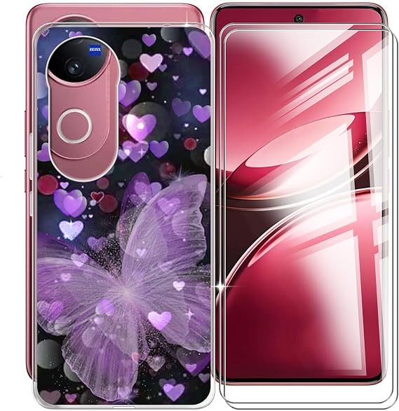 for Vivo V50 5G Case + 2 Pack Tempered Glass Screen Protector, Clear Soft Silicone Bumper Shell, Ultra-Thin Anti-Fall Back Cover for Vivo V50 5G (6.78") - Purple Butterfly