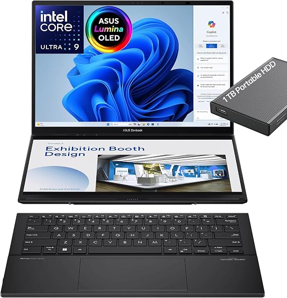 ASUS Zenbook Duo Laptop, Dual 14" OLED WUXGA Touchscreen Display, Intel Core Ultra 9 285H, Intel Arc Graphics, 32GB RAM, 2TB SSD, WiFi 7, Thunderbolt 4, Detachable KB, Windows 11, w/1TB Portable HDD