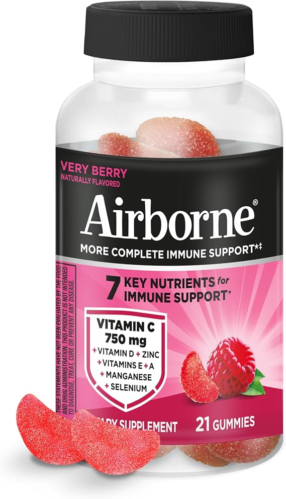 Vitamin C 750mg (per Serving) - Airborne Very Berry Flavored Gummies (21 Count in a Bottle), Gluten-Free Immune Support Supplement with Vitamins A C E, Selenium, Echinacea, Ginger, Antioxidants