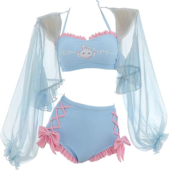 haikyuu Women Cute Bikini Set with Cover up Kawaii Bunny Two Piece Swimsuit Lace-up Bathing Suit