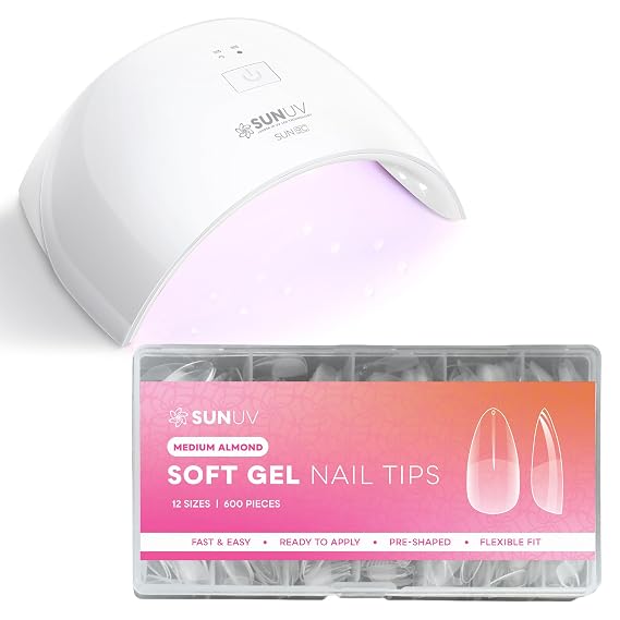 SUNUV SUN9C White UV LED Nail Lamp 48W, 600 PCS Medium Almond Gel Nail Tips
