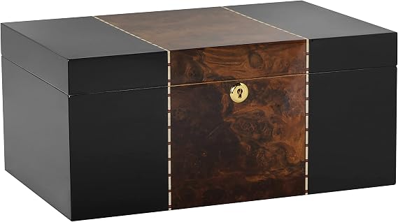 Conte Desktop Cigar Humidor, Black with Walnut Burl Decorative Inlay, Glass Hygrometer, Spanish Cedar Tray, Adjustable Dividers, Lock and Key Holds 45-80 Cigars