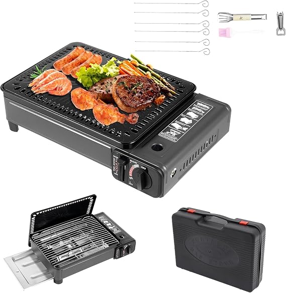 Portable Gas Grill Butane Stove, Portable Camping Grill Gas Stove Portable Tabletop bbq Grill Free Standing BBQ Grill with Grilling Net Carry Case for Camping Traveling Outdoor Cooking