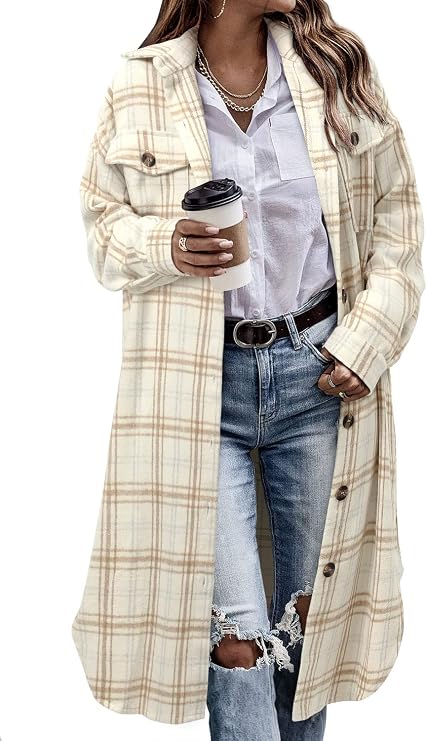 CHICZONE Womens Plaid Shacket Long Flannel Shirt Jacket Corduroy Coats