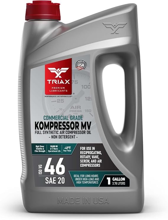 TRIAX Kompressor ISO 46 SAE 20, Full Synthetic, Multi-Vis Air Compressor Oil | for Rotary, Vane, Screw, and Reciprocal | Commercial Grade | High Temp | Non-Detergent (1 Gallon)