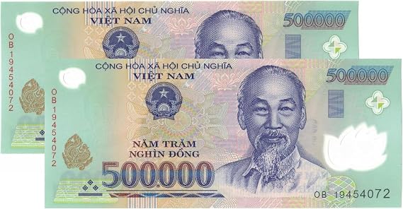 2 x 500,000 Dongs, P-124, UNC Polymer VND, Total One Million Dongs