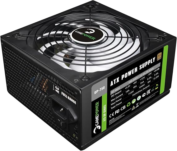 GamePower Gp-750 PC Power Supply Unit: 750W, 80 Plus Bronze Certified, 85% Efficiency, Single +12V Rail, Low Noise 14 CM Fan, Ideal for Gaming PCs, Desktops, ATX, Micro ATX Desktop Computer - Black