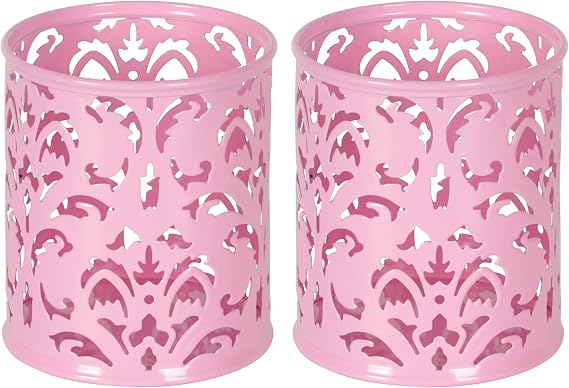 EasyPAG Pink Pen Holder for Desk, 2 Pack Round Pen Organizer, Brush Holder for Vanity, Metal Pencil Cup Organizer for Home, Office, Classroom, School
