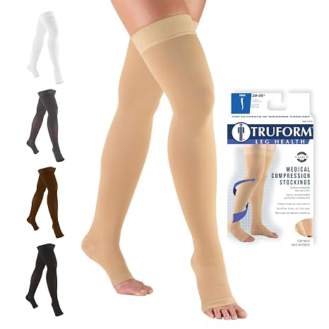Truform 20-30 mmHg Compression Stockings for Men and Women, Thigh High Length, Dot-Top, Open Toe, Beige, 2X-Large