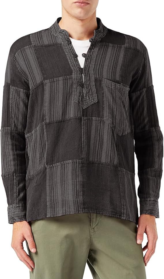 Shopoholic Fashion Mens Stonewashed Plain Stripe Patch Hippie Shirt
