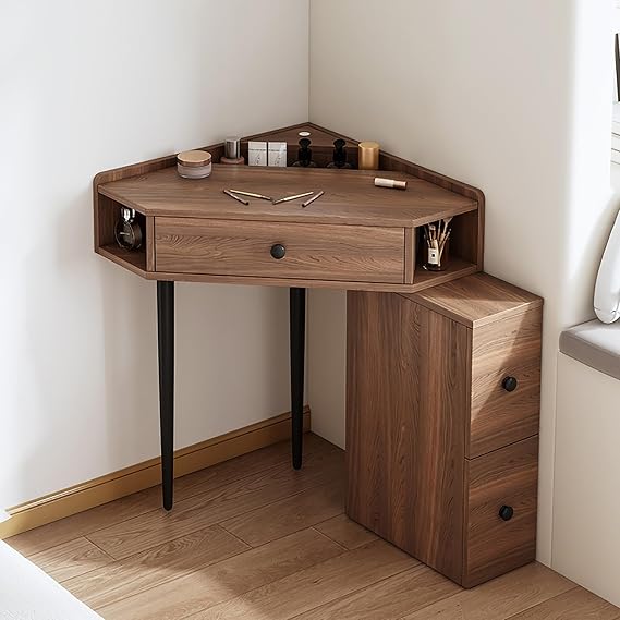 Corner Vanity Desk for Bedroom, Solid Wood Fluted Makeup Vanity Dressing Table Set with Mirror and Lights, Small Space Corner Table for Bedroom and Dressing Room(A, Walnut)