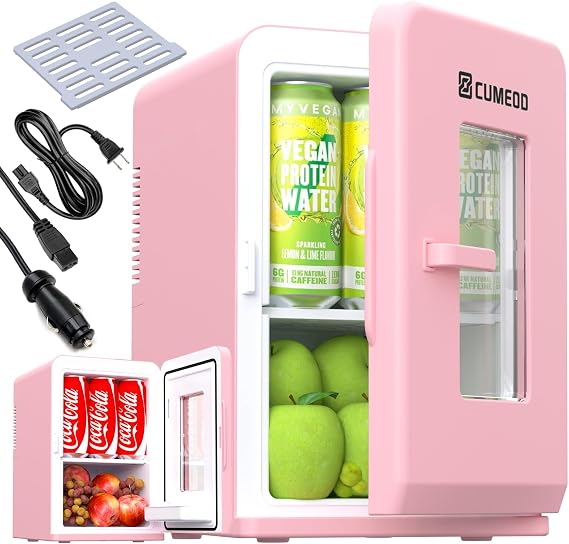 Cumeod Mini Fridge 15 Liter/21 Cans, Upgrade Portable AC+DC Power Small Refrigerator for Bedroom, Car, Office, Thermoelectric Cooler and Warmer Skincare Fridge for Food, Drinks, Max & ECO Mode, Pink [Energy Class E]