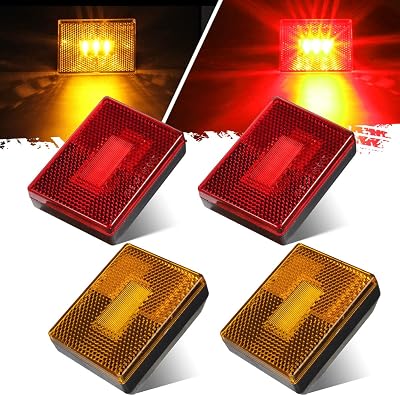 Partsam 4 Pcs2Amber 2Red Square LED Trailer Clearance Side Marker Light with Reflector Stud Mount 3LED, 2-45 Rectangular LED Truck Trailer Light Side Reflex