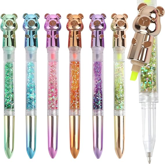 6Pcs Glitter Highlighter + Ballpoint Pen 2-in-1, Cartoon Bear Multicolor Pen with Biro Pens and Multi-Colour Highlighters, School Pens for Handwriting and Note-Taking