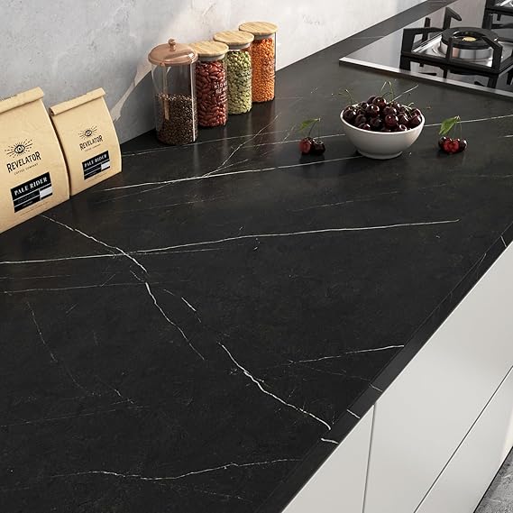 FunStick 24"x200" Matte Black Marble Contact Paper for Countertop Contact Paper Peel and Stick Countertops for Kitchen Cabinet Wallpaper Waterproof Removable Marble Wallpaper for Table Desk Vinyl Wrap