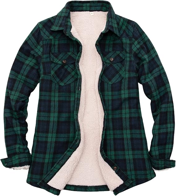 ZENTHACE Womens Sherpa Fleece Lined Flannel Jacket Button Down Plaid Flannel Shirt Jacket(All Sherpa Lining)