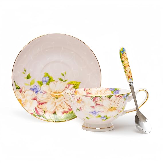 7-Ounce Bone China Tea Cups and Saucers Floral Teacup for Tea Party, Fine China Porcelain Coffee Cup Set for Women