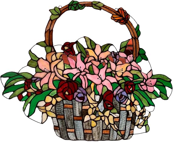 Bieye W10037 Lily and Rose Flower Gaily Decorated Basket Tiffany Style Stained Glass Window Panel with Chain, 24" W x 20" H