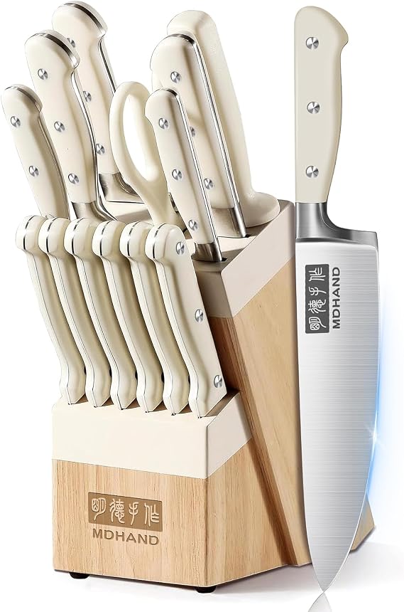 Knife Set with Block, Kitchen Knife Set with Block and Sharpener | High Carbon Stainless Steel 14 Pieces Kitchen Knives Sets, Anti-Slip Ergonomic Handle, Home Kitchen Cooking, Dishwasher Safe
