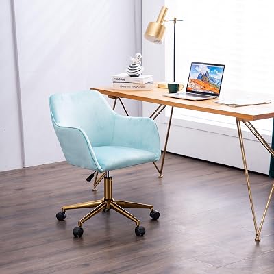 Modern Velvet, Height Adjustable, 360 Swivel Office Chair, Upholstered Cosmetic Dresser Armchair with Metal Feet and Backrest, Bedroom Furniture Light Blue