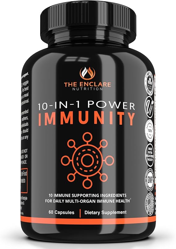 THE ENCLARE NUTRITION 10 in 1 Immune Support Booster Supplement with Echinacea, Vitamin C and Zinc, Turmeric, Ginger, B6, Elderberry for Adults Immunity Defense Vitamins, Made in USA Veg Cap 60 Ct 1