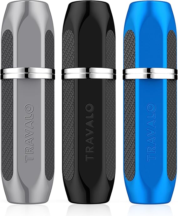 Travalo Vector Perfume Atomizer Bundle - Leak-Proof and TSA Approved for Air Travel - Reusable, Easy Fill Mini Sprayer - Lightweight, Stylish Metal Outer Case - Silver, Blue, Black - 3 Pack