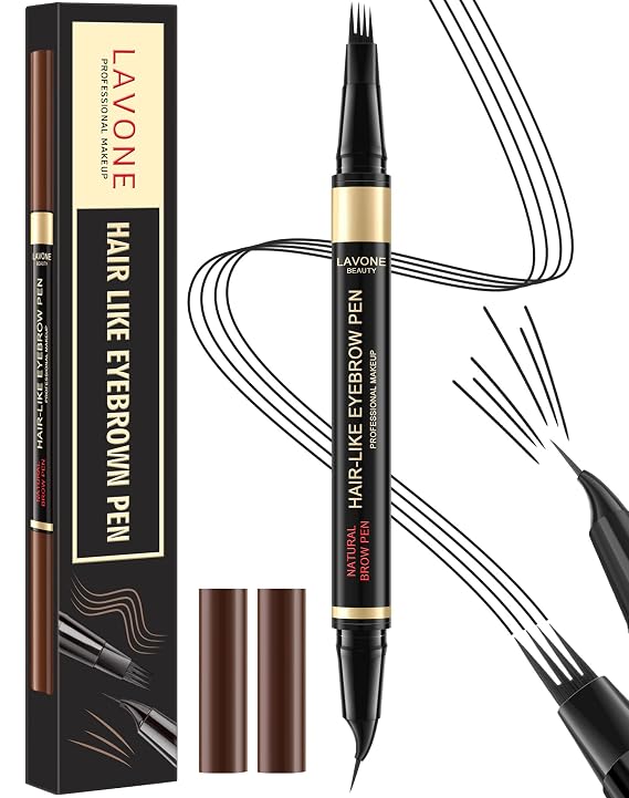 LAVONE Eyebrow Pen, 2-in-1 Waterproof Microblading Brow Pencil, Black | Precise curved eyebrow pencils for women, brow brush, waterproof, long-lasting, smudge-proof, full & natural hair-like brows