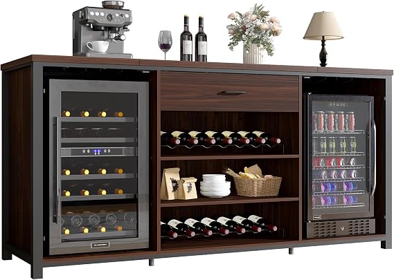 LVB 70 Inch Industrial Walnut Bar Cabinet with Fridge Space and Wine Rack | Long Bar Cabinet with Drawer,Rustic Wood Metal Large Wine Cabinet with Rack Modern Sideboard Buffet for Kitchen Dining Room