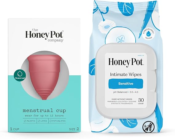 The Honey Pot Company - Size 2 Menstrual Cup - 12 Hour Reusable Protection for Periods & Sensitive Wipes Bundle 30 ct - Daily PH Balancing, Fragrance & Sulfate Free for Intimate Parts, Body, or Face