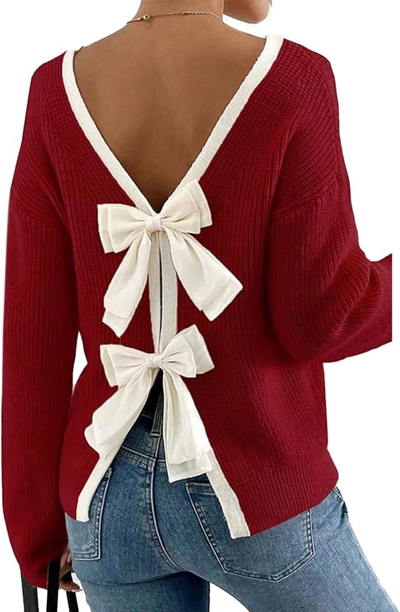 CHICWISH Women Bow Open Back Ribbed Knit Sweater Long Sleeve Crewneck Sexy Casual Holiday Party Backless Tie Sweater Tops