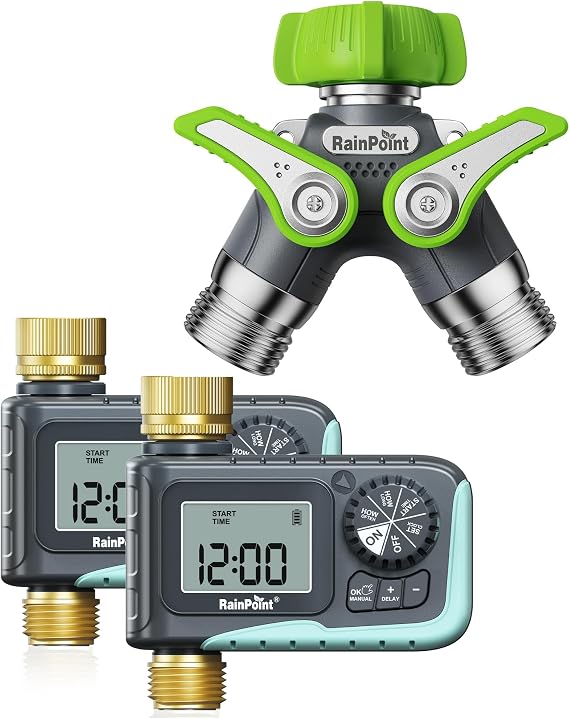 RAINPOINT Garden Hose Splitter, Sprinkler Timer with Brass Inlet & Outlet