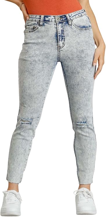 Womens Casual Jeans Skinny Acid Wash Distressed Denim Pants High Waisted Raw Hem Ankle Style