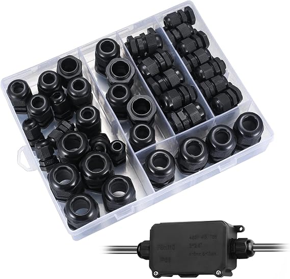 50 Pack IP68 Waterproof Nylon Cable Glands, Plastic Nylon Cable Connectors Gland Joints Locknut Stuffing GlandsPG7/9/11/13.5/16/19 for Outdoor, Garden, Switch Box Junction Box