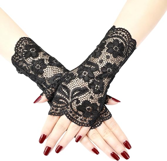 Fingerless Lace Gloves for Women, Black Short Elastic Lace Gloves for Wedding Opera Tea Party Cocktail Prom Cosplay Costume Accessories,Bridal Wrist Floral Lace Mittens