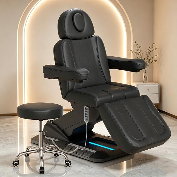 Fully Electric Massage Table, 3 Motor Adjustable Electric Esthetician Bed w/Dual-Side Foot Pedals, Handheld Remote & LED Light for Beauty Tattoo Spa Medical Treatment, Stool Included, Black