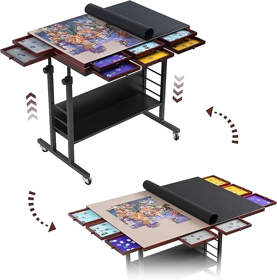 Tektalk Puzzle Table with Folding Table Top Height Adjustment Puzzle Board with 2 Felt Covers and 8 Sorting Trays Enclosed with 4 Roller Wheels for up to 2000 Puzzle Pieces (Black)
