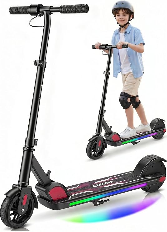 Caroma E35 Kids Electric Scooter for Ages 8-12, 150W Motor Up to 7 Miles Range & 10 MPH Speed, LED Display, Colorful Rainbow Lights, Adjustable Height, Foldable & Lightweight Design