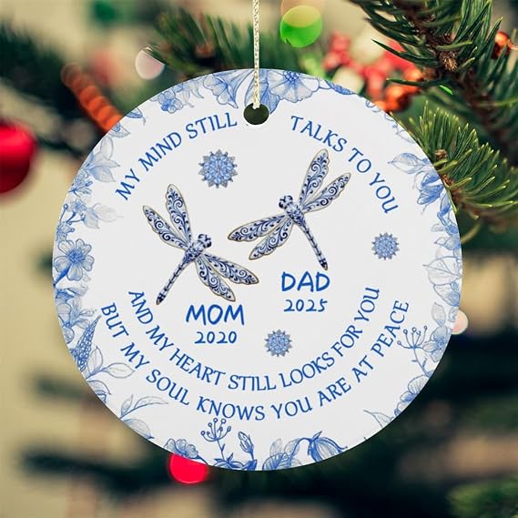 My Mind Still Talks to You Personalized Dragonfly Memorial Christmas Ornament with 1-5 Name Custom Loss of Loved One in Heaven Ceramic Ornament in Loving Memory Keepsake Remembrance Gift