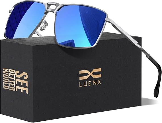 Luenx Mens Aviator Polarized Sunglasses Women Rectangular UV400 Driving | Lightweight,Large Head Fit,Adjustable Nose Pads,Spring hinges,Anti-slip,Impact-resistant,Scratch-Resistant,Giftable set