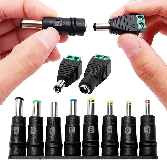 Universal DC Power Adapter Tips Kit, 8-in-1 5.5x2.1 mm DC Barrel Jack Adapter for Fans, Routers, Desk lamps, Computers, con Male Female DC Connector