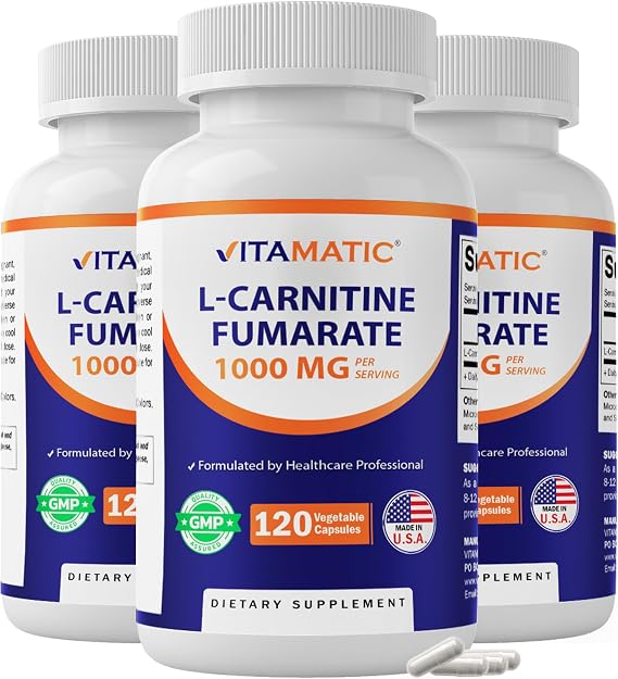 Vitamatic L-Carnitine Fumarate 1000 mg - 120 Vegetable Capsules (3 Bottles)