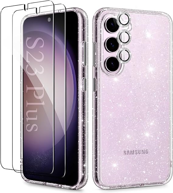 KIOMY Glitter Clear Case for Samsung Galaxy S23 Plus 5G with Diamond Sparkle Camera Lens Protector + 2 Pack Tempered Glass Screen Protector, Sparkly Shockproof Protective Girl Cover (for Samsung S23+)