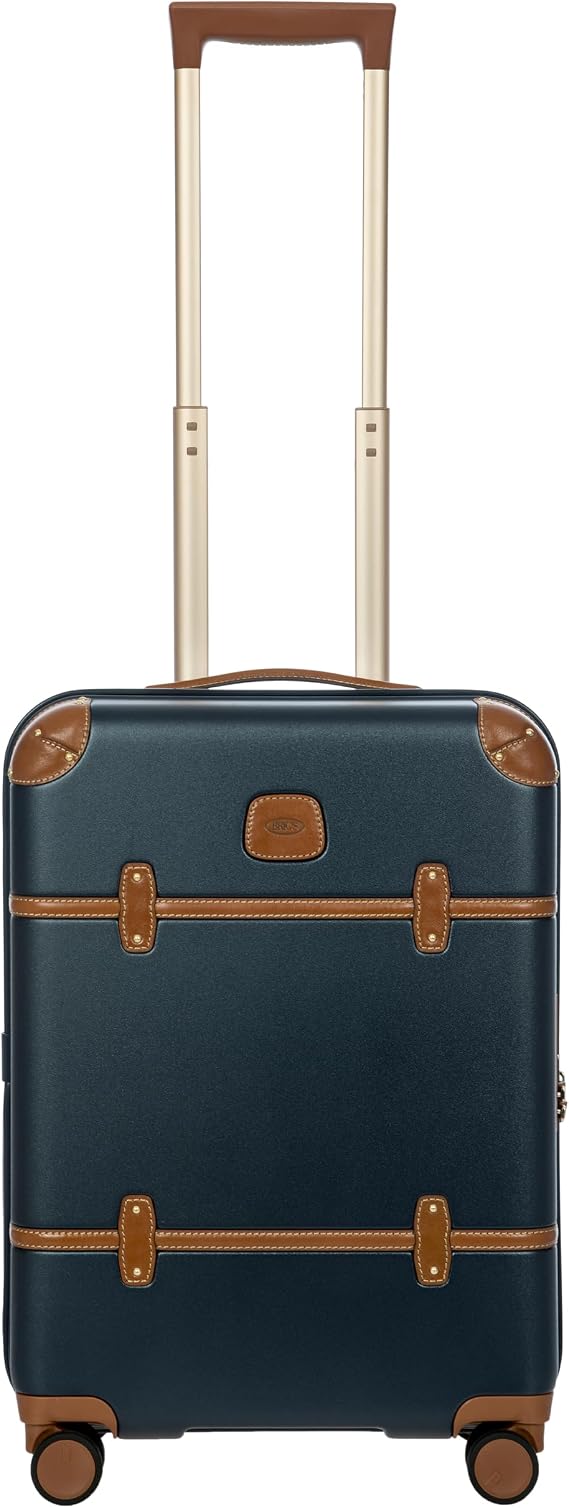Bric's Bellagio 3.0 Spinner Trunk - Airline Approved Luxury Hardshell Carry On Luggage with Large Wheels,Telescopic Handle, Leather Detailing - Expandable Rolling Suitcase - 21", Blue