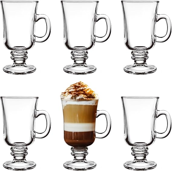 Glass Coffee Cups - 8 Oz Irish Coffee Mugs Set of 6