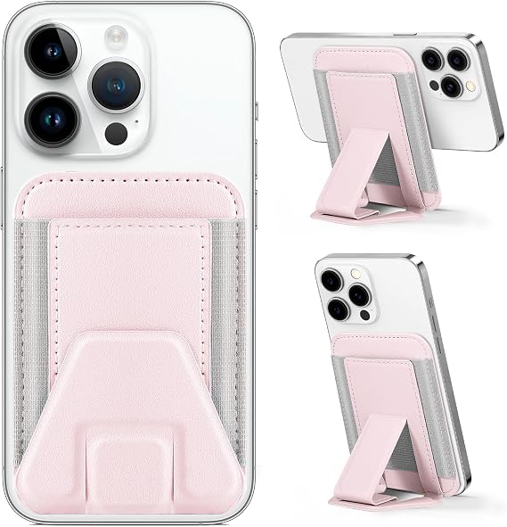 Miroddi for Magsafe Wallet Stand, Magnetic Phone Wallet for iPhone 17/16/15/14/13/12 Series, Leather Magnetic Cards Holder, Fits 5 Cards, RFID Blocking, Slim, Pink