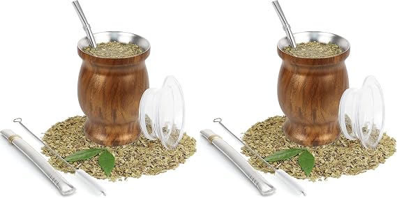 ROCKY&CHAO 8 Oz Yerba Mate Gourd Tea Cup, Stainless Steel Double-Walled Teacup Set Traditional Mate Cup Included 2 Bombillas(Yerba Mate Straws), Yerba Mate Gourd Cup and Cleaning Brush, Wood Grain
