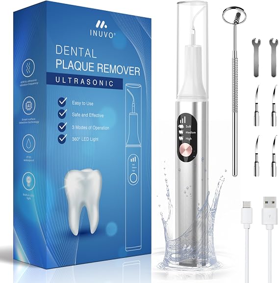 Plaque Remover for Teeth, Teeth Cleaning Tool Kit for Calculus, Tartar & Stains, Professional Premium Home & Travel Teeth Care for Men, Women & Pets | 1800 mAh battery/LED light/IPX5 | Silver