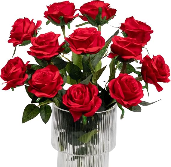 Kisflower 12 x Artificial Roses Flowers Realistic Single Stem Flowers Silk Rose Bouquet for Weddings Parties Office Home Decor (Red)