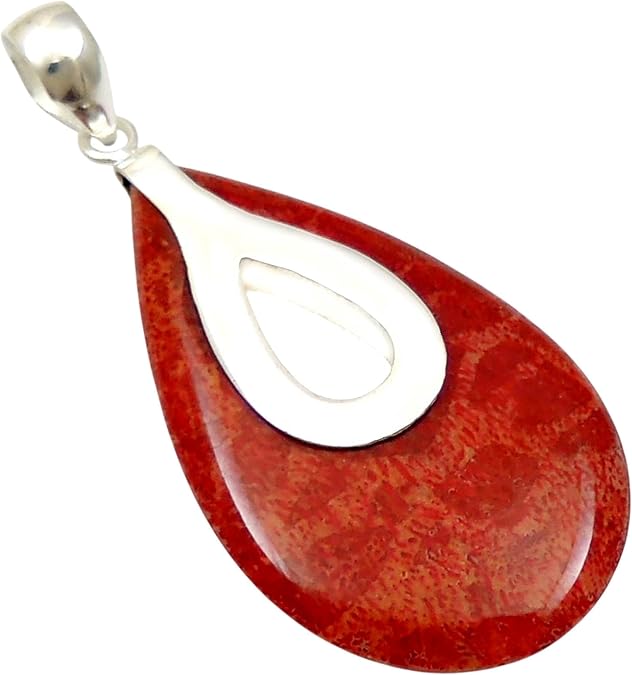 925 Sterling Silver Natural Organic Red Coral Teardrop Pendant SC022