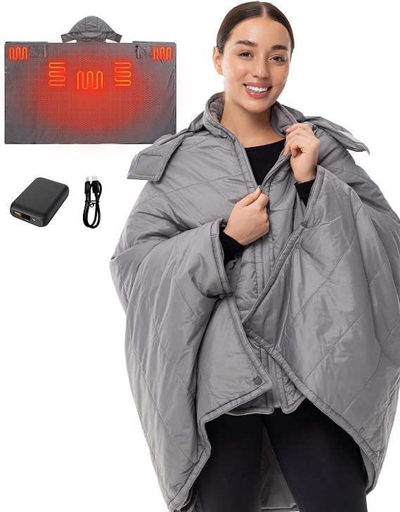 HENNCHEE Heated Blanket Battery Operated with Removable Hooded 70" x 42" Portable Heated Blanket with 16000mAh Battery Pack 5 Heating Zones Waterproof Heated Poncho for Home, Outdoors, Camping, Grey